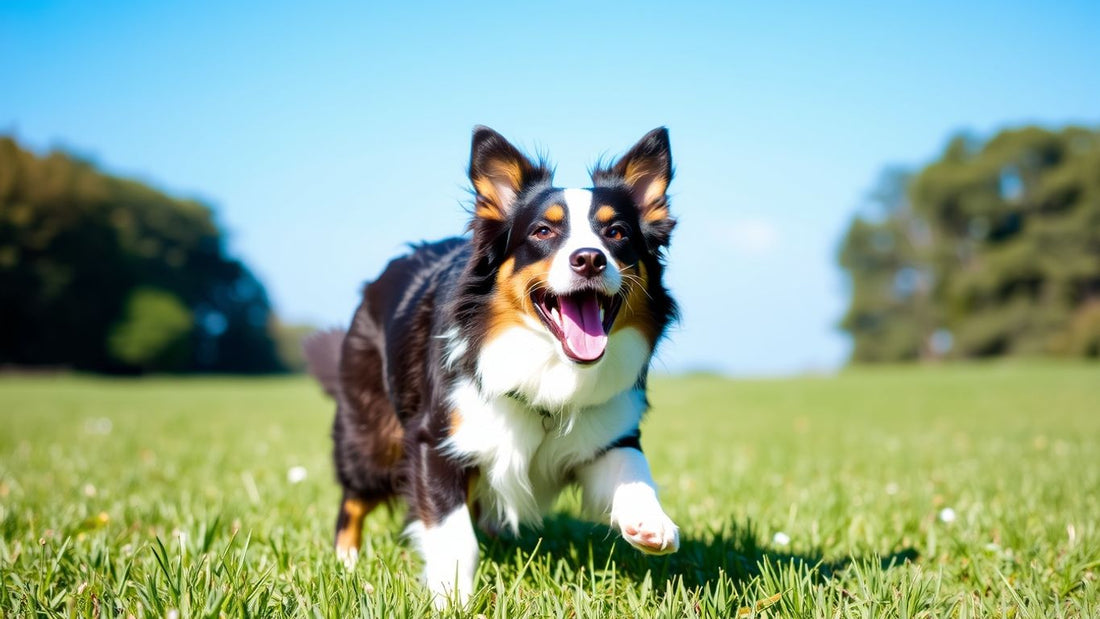 Aktiver Border Collie auf einer Wiese.