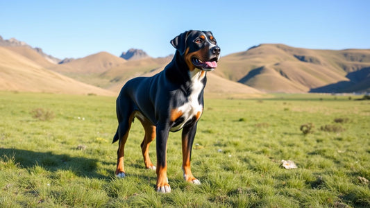 Entlebucher Sennenhund auf einer Wiese mit Bergen.