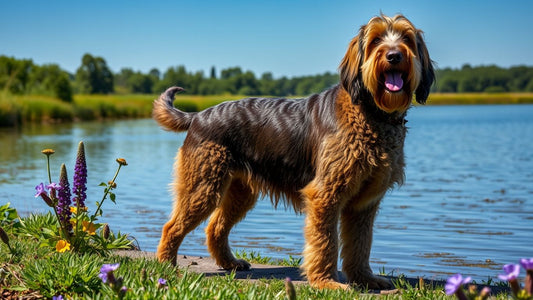 Ein Otterhound am Wasser mit grünem Hintergrund.