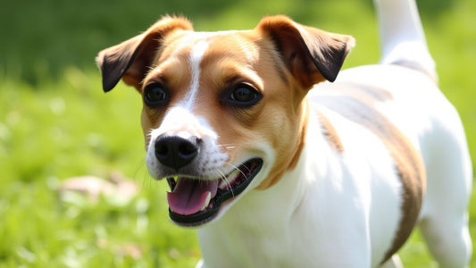 Jack Russell Terrier spielt im Garten.