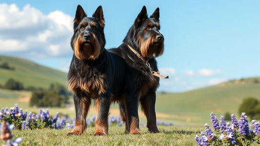 Stolzer Bouvier des Flandres auf einer blühenden Wiese.